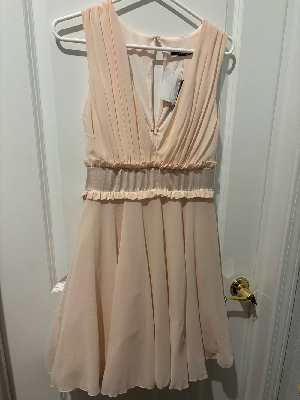 NWT TFNC London Nude Blush Pink Chiffon mini dress plunging neckline ruched S